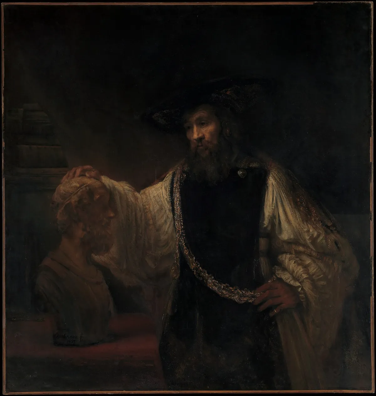 Rembrandt, Aristotele con il busto di Omero: il filosofo, in abito scuro con una catena d’oro, posa la mano sul busto del poeta.