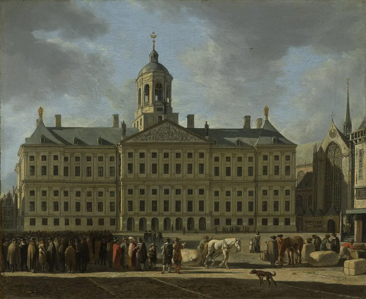 Gerrit Berckheyde, il Municipio in piazza Dam ad Amsterdam, con cittadini e carrozze davanti all’ingresso.