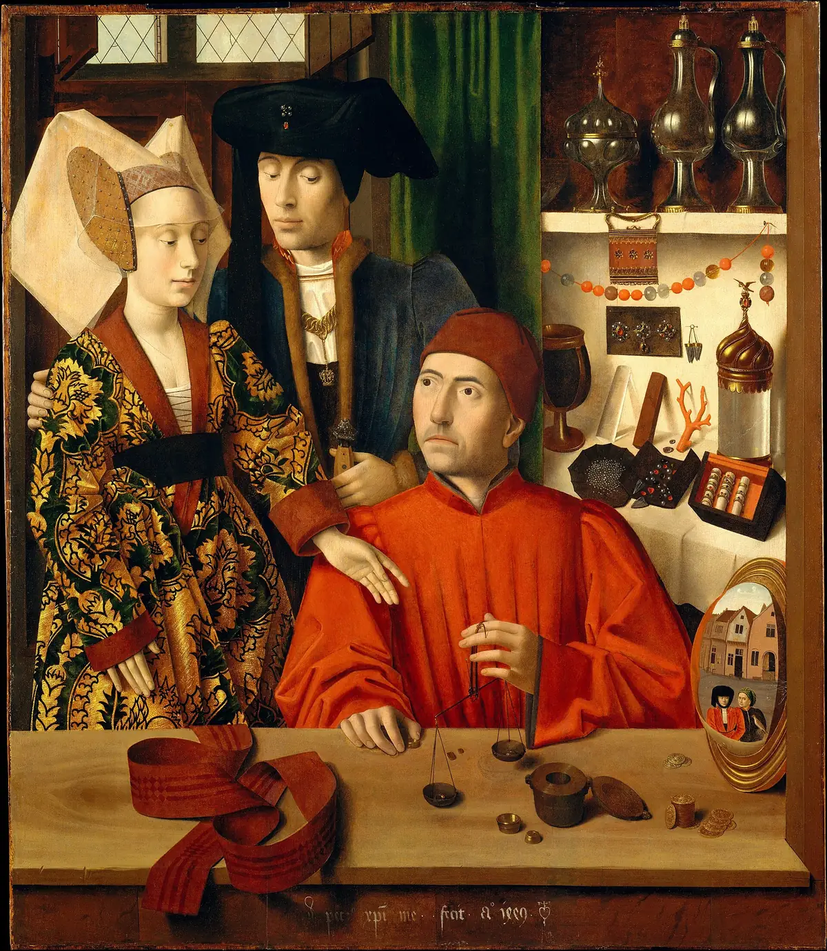 Petrus Christus, Un orafo nella sua bottega: l’orafo pesa un anello davanti a una giovane coppia.