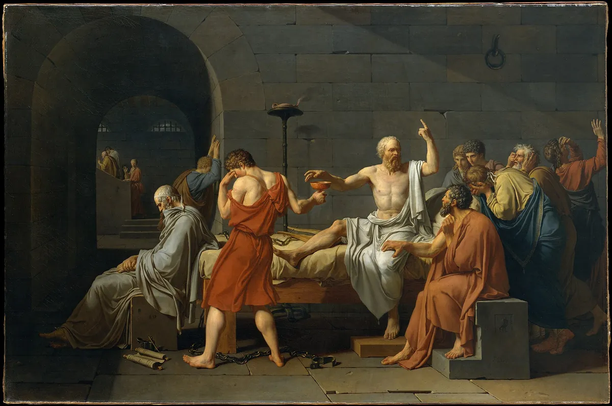 Jacques-Louis David, La morte di Socrate: il filosofo, seduto sul letto, indica il cielo mentre gli porgono la coppa di cicuta.